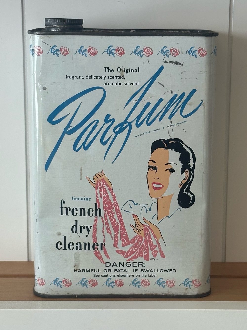 Vintage “The Original Parfum French Dry Cleaner Fragrant Solvent” metal can